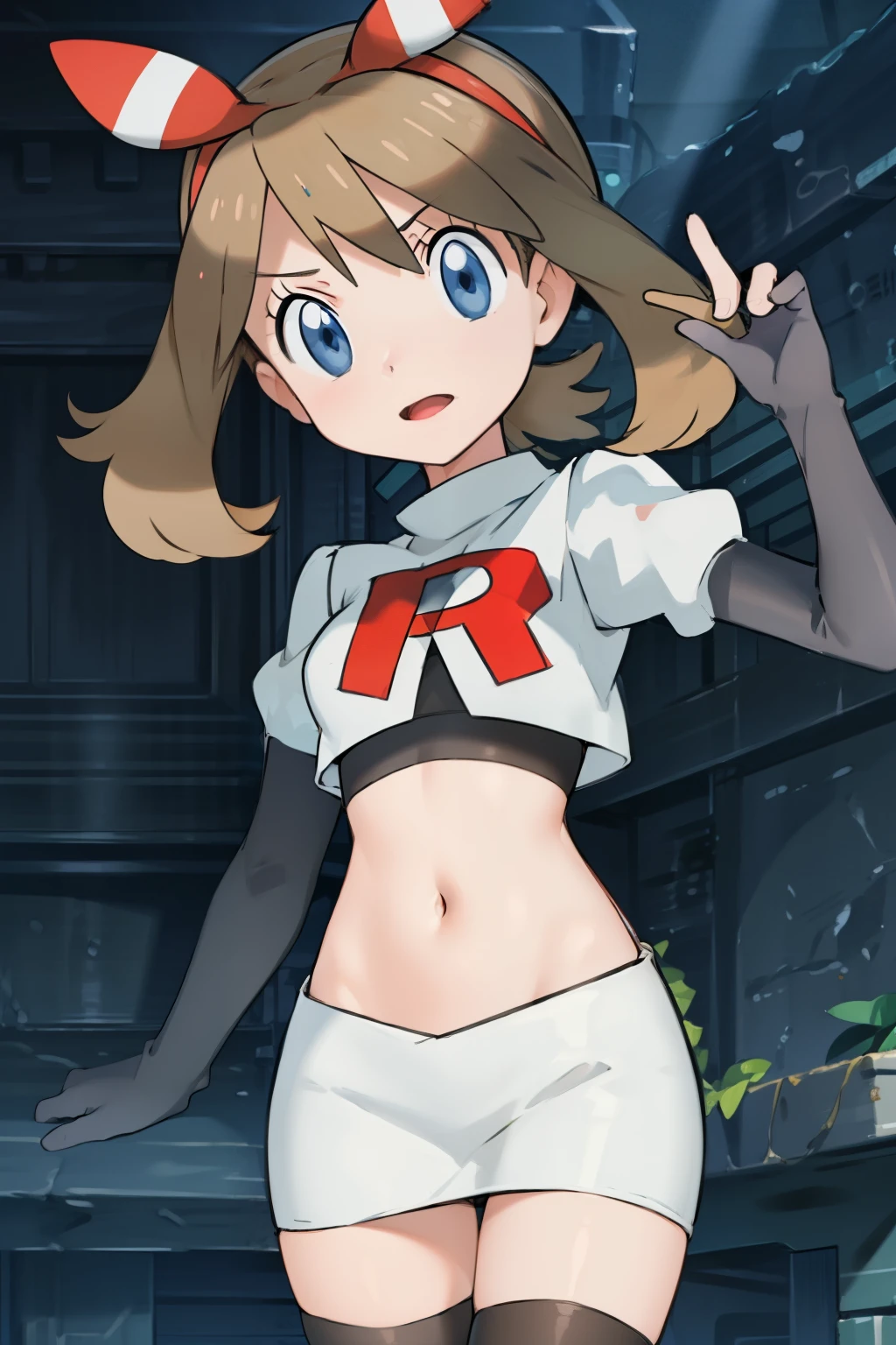masterpiece, professional lighting, 1girl, adorable, expressive face,haruka_oras, solo, creative frame, creative shot, perfect lighting, best quality, masterpiece, light rays, (absurdres), perfect quality, hair bow, team rocket,team rocket uniform, red letter R, white skirt,white crop top,black thigh-highs,black elbow gloves