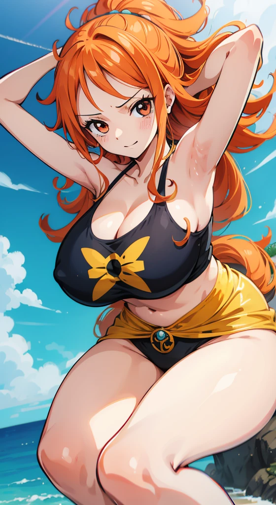 Generar una imagen realista de estilo anime de Nami de One Piece. Captura su apariencia distintiva con cabello naranja, una camisa, and a cheerful expression. Make sure the picture reflects your adventurous and confident personality as shown in the anime.., cuerpo completo, Plano amplio , NSFW, Curvy athletic body, Antecedentes de la isla,top de sujetador, falda, ojos naranjas, ojos naranjas, armpits