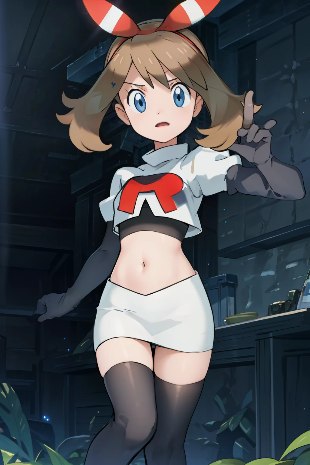 masterpiece, professional lighting, 1girl, adorable, expressive face,haruka_oras, solo, creative frame, creative shot, perfect lighting, best quality, masterpiece, light rays, (absurdres), perfect quality, hair bow, team rocket,team rocket uniform, red letter R, white skirt,white crop top,black thigh-highs,black elbow gloves
