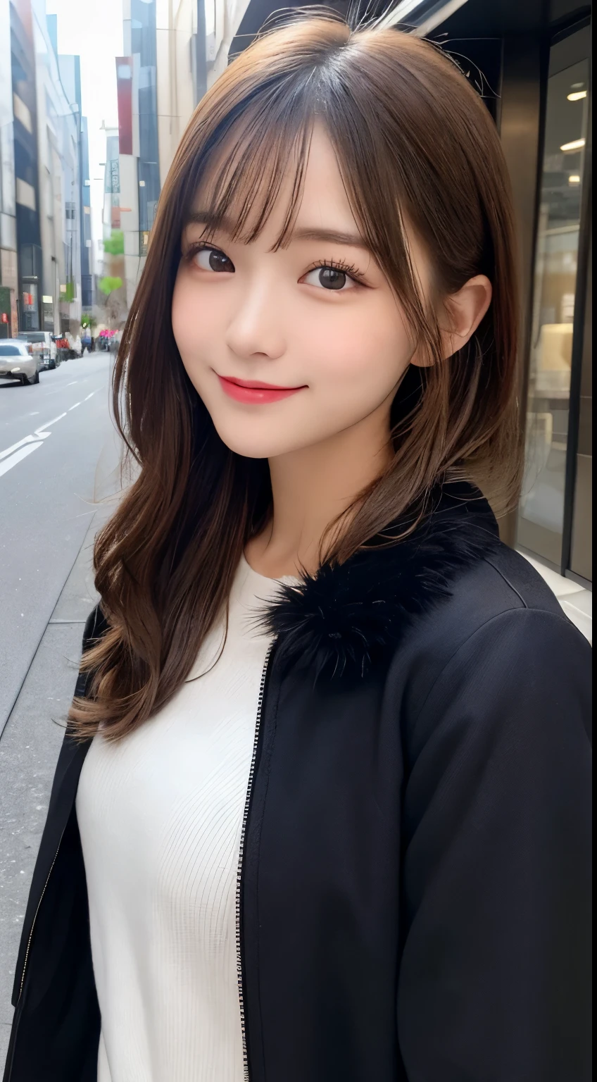 table top, highest quality, shape, Super detailed, finely, High resolution, 8k wallpaper, 完璧なダイナミックな構shape, beautiful and detailed eyes, tokyo trend冬ファッション,tokyo trend&Introducing cute hairstyles at random, small breasts, natural color lip, random sexy pose,cute smile,big city、20 year old girl、beautiful and detailed face、perfect and beautiful face,Big eyes、Wear fluffy black outerwear with fur、beautiful detailed face、perfect and beautiful double eyelids、blur the background、perfect and beautiful face、bright look、twin ponytail hairstyle