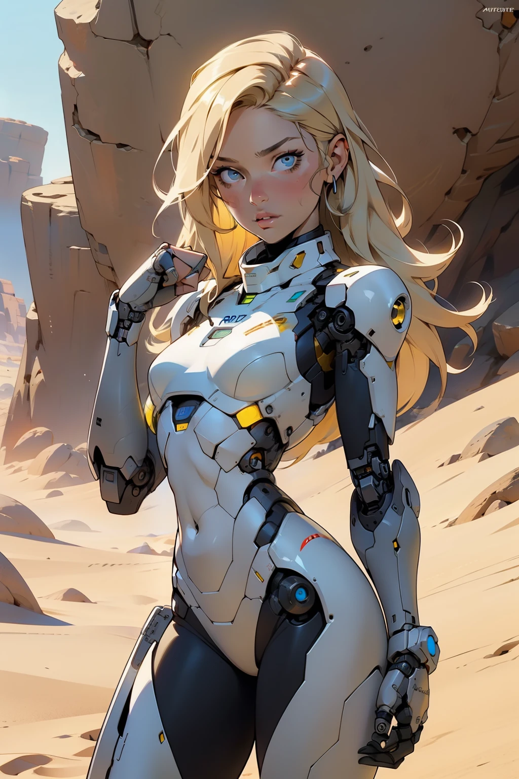 high quality, 4k, masterpiece, beautiful, cyborg girl, cowboy shot, dull eyes, looking at viewer, long blonde hair, girl, small breasts, fit thigh, robotic arms, robotic body, cyborg body, yellow accent, intricate detail, joint, detailed lines, robotic detail, holding fist up, holding hand up as fist, color robotic parts, robotic parts with color, perfect fingers, on a desert planet, sunny background, colorful desert,