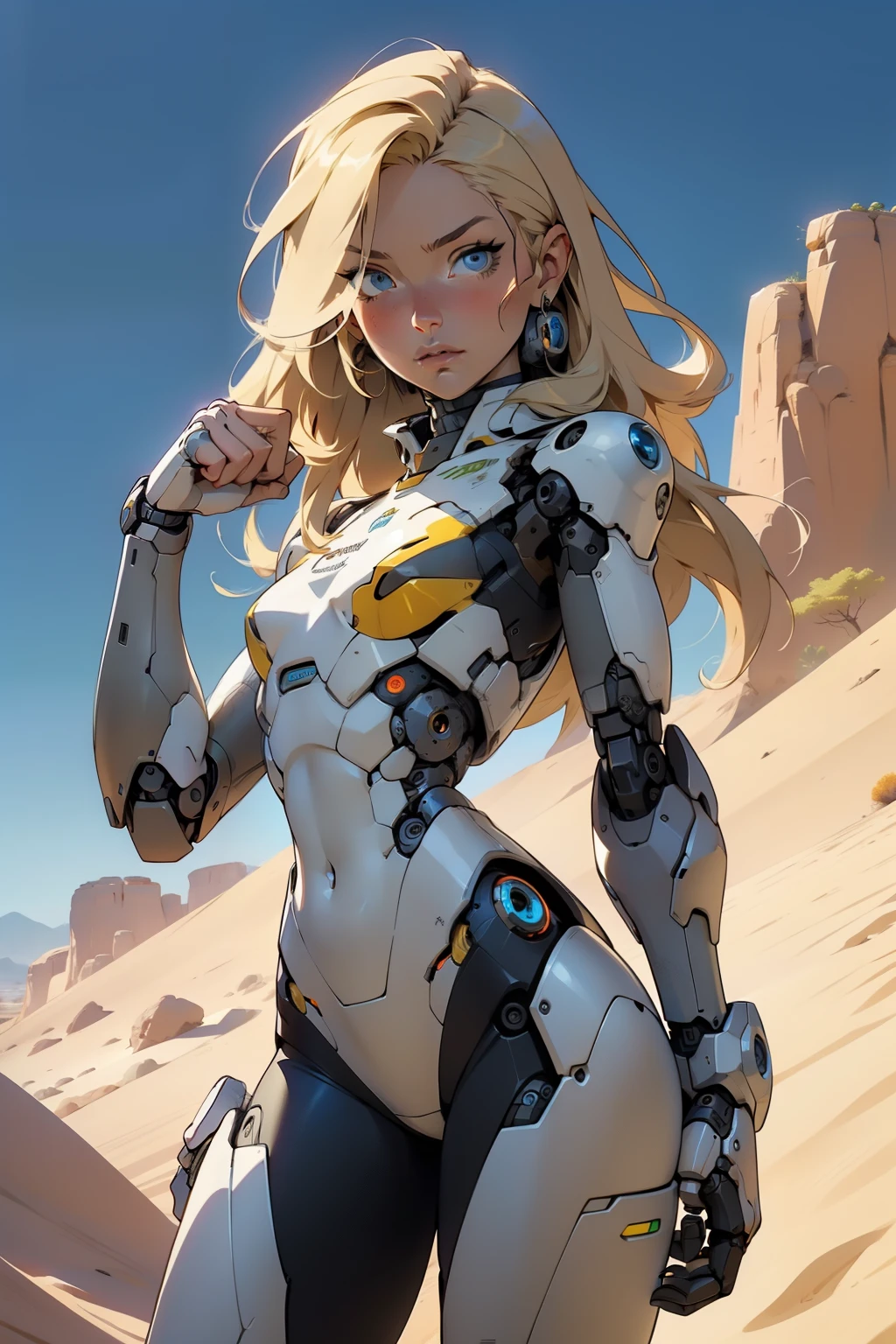 high quality, 4k, masterpiece, beautiful, cyborg girl, cowboy shot, dull eyes, looking at viewer, long blonde hair, girl, small breasts, fit thigh, robotic arms, robotic body, cyborg body, yellow accent, intricate detail, joint, detailed lines, robotic detail, holding fist up, holding hand up as fist, color robotic parts, robotic parts with color, perfect fingers, on a desert planet, sunny background, colorful desert,