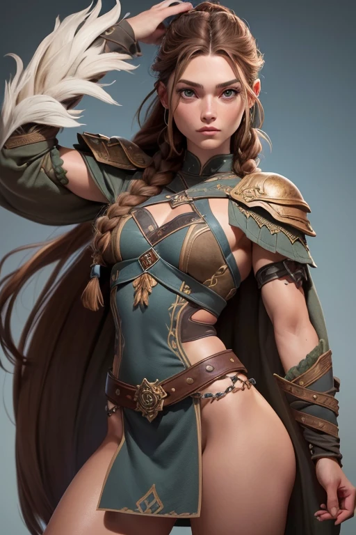 (Obra maestra, La mejor calidad) (young warrior woman of nordic descent), (ojos verdes), (Muscular), (falda de piel), (brown hair color),(loose hair with small braids on the scalp), (top con correa de cuero) plumas, capa sobre el hombro, bufas, (azul, gray and brown suit).