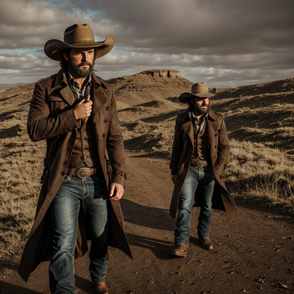Man, gunslinger, cowboy hat, trench coat, short dark brown hair, beard, hazel eyes, fullbody