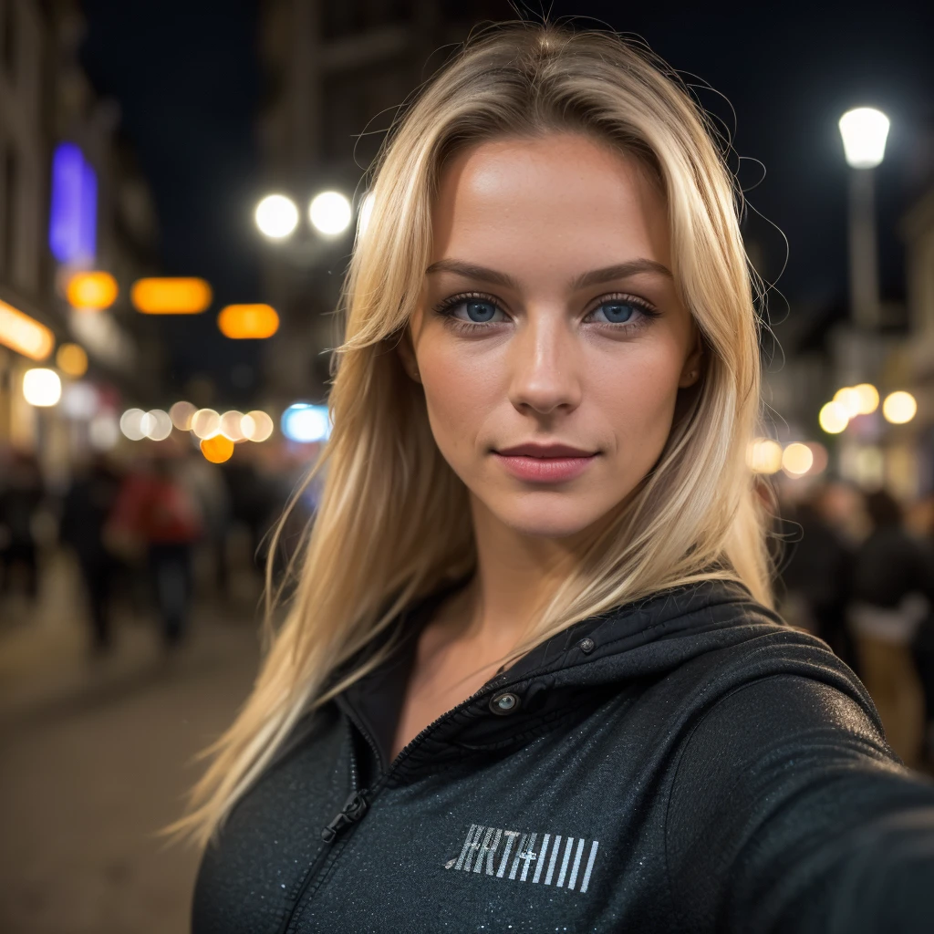 (Selfie, Draufsicht: 1.4), (straight half of the body: 1.4), RAW UHD portrait photo of a 24-year-old blonde, (Blue-eyed woman) (in sportswear big breasts), Stadt bei Nacht, (Rock), (Ausschnitt), Details (Gewebe! , Haar! , Glitzer, Farbe!! , Benachteiligungen: 1.1), shiny eyes with high level of detail (Blick in die Kamera), SLR-Beleuchtung, Spiegelreflexkamera, ultra quality, Sharpness, Depth of field, Filmkorn (Mitte), Fujifilm XT3, kristallklar, Rahmenmitte, Beautiful face, Scharfer Fokus, Streetlight, Neonbeleuchtung, bokeh (schwach beleuchtet), Nacht, (Nachthimmel), Detaillierte Hautporen, Oily skin, Sonnenbrand, Komplexe AugenDetails, full entire body, big