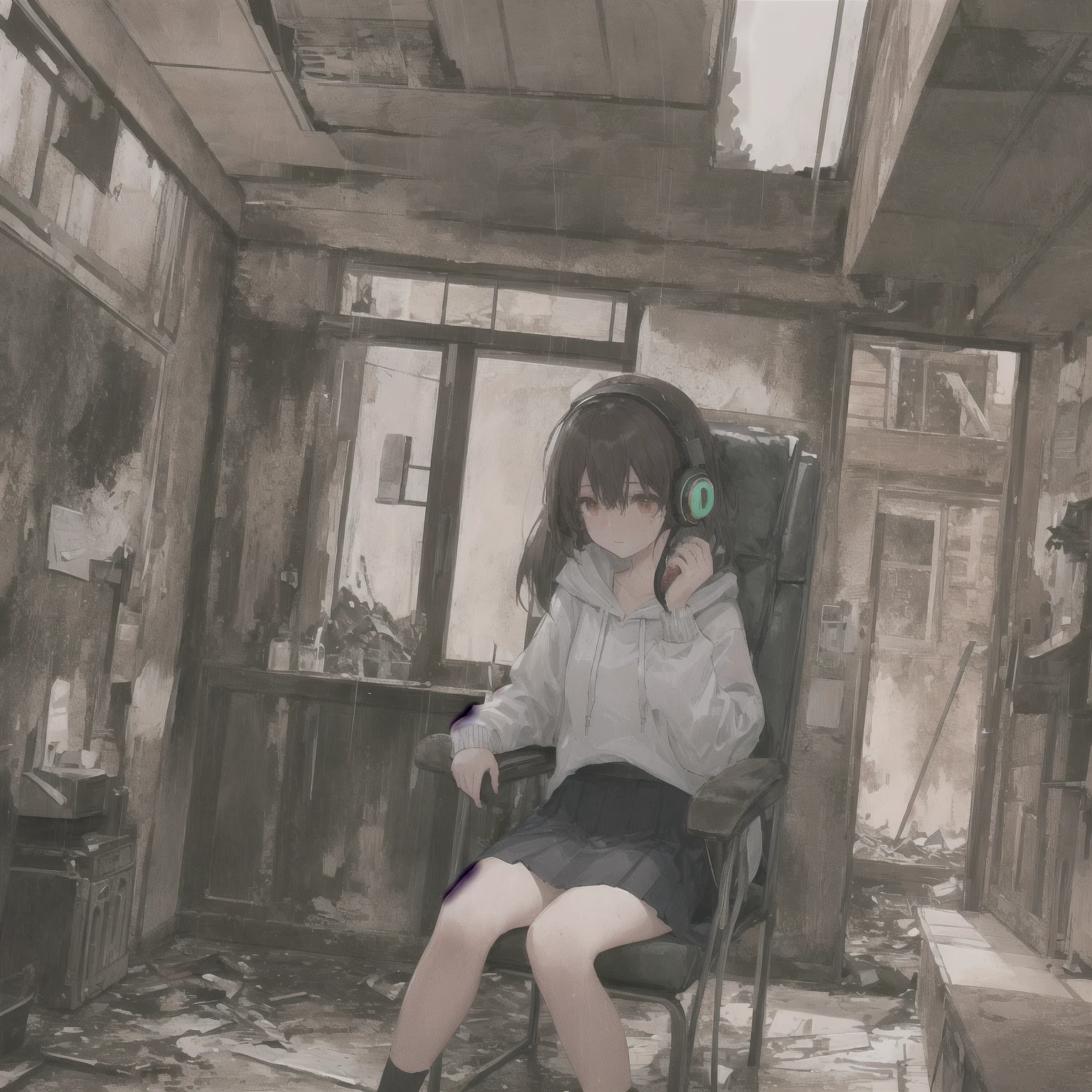 1girl, avant garde style, Stacks of cathode ray tubes, wires, cords, night, (looking away:1.3), indoors, flooring, sitting exhausted, Serial Experiments Lain, Lain, Lain Iwakura, waw