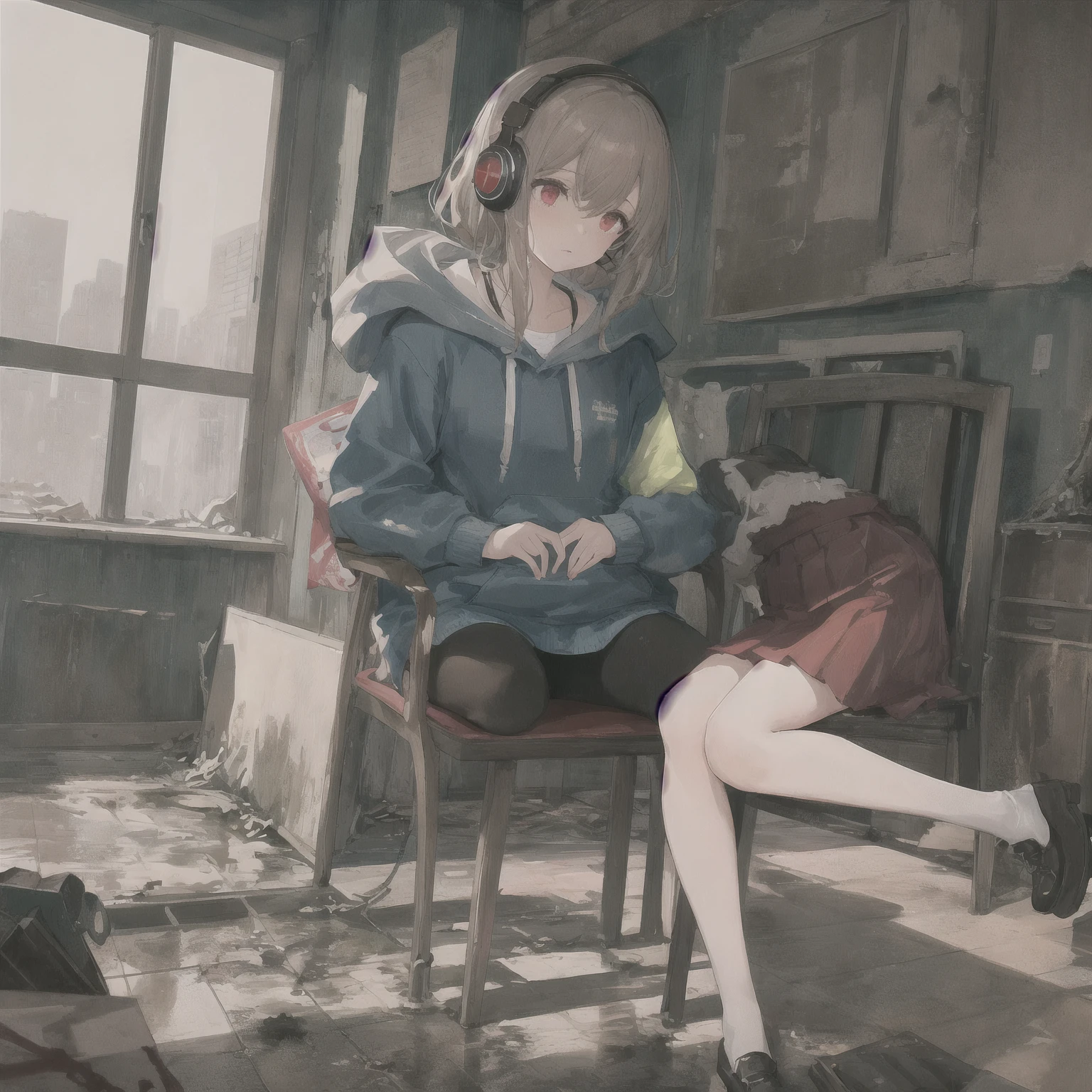 masterpiece, one girl, alone, incredibly absurd, hoodie, headphones, rain, neon,Future Soul Arts, Dirty woman sitting on chair in dilapidated house, wet and messy hair above the eyes,pleated skirt. vixip, Close-up scenery, hurt. hand drawn, cinematic lighting, very detailed. white, Brown, red. perfect composition, masterpiece, highest quality, 4K, sharp focus. perfect anatomy.