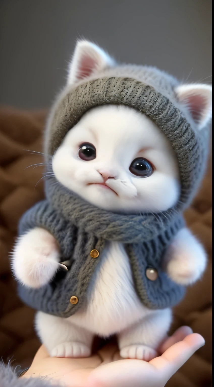 kitten in clothes, miniature kitten, Animal focus, bearded, realistic, POV Hand, ambiguous background,smile,interesting、