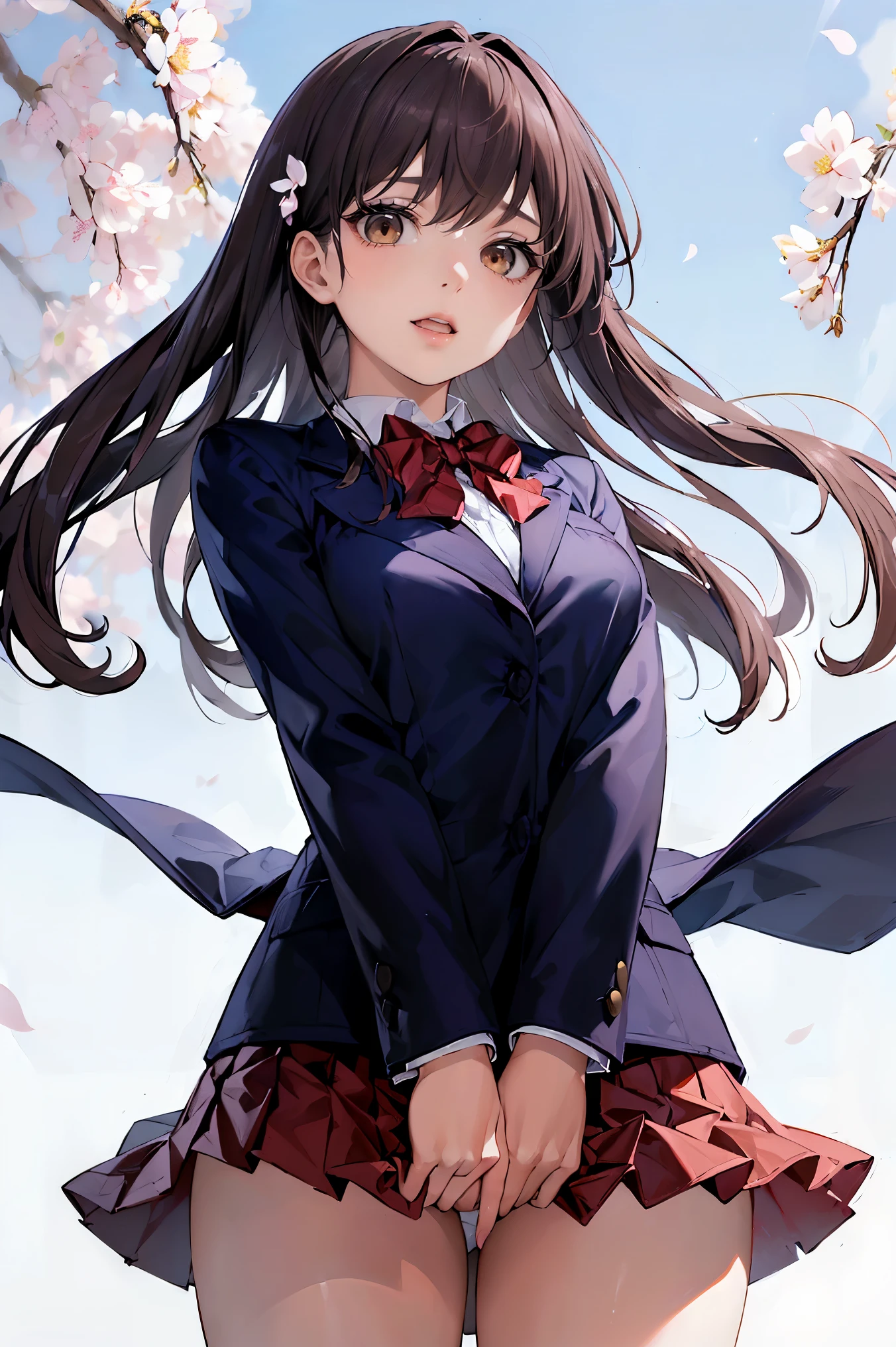 (masterpiece, highest quality, best image quality、High resolution:1.4),8K, anime style、Morning commute route、cherry blossom in full bloom、SakuraFubuki、draw the whole body、perspective from below、(pure white skin:1.4),(straight hair,medium long hair、 bangs, dark brown hair:1.2)、(curly hair:0.3), white hair clip,(brown eyes、the best round and big eyes:1.4),droopy eyes、beautiful eyelashes, (smooth texture:1.2, Realistic texture:1.1, the wind is blowing), medium breasts,, (red bow tie, school uniform, navy blue jacket, open jacket, white shirt, red pleated skirt、white panties:1.3), smile, open your mouth、teeth、Skirt flips in the wind、