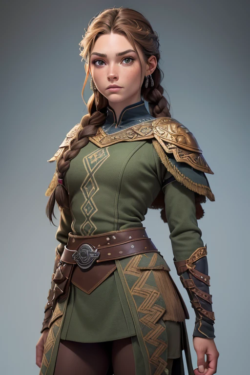 (Obra maestra, La mejor calidad) (young warrior woman of nordic descent), (ojos verdes), (Muscular), (falda de piel), (brown hair color),(loose hair with small braids on the scalp), (top con correa de cuero) plumas, capa sobre el hombro, bufas, (azul, gray and brown suit).