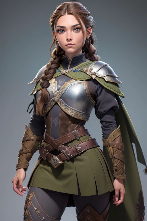(Obra maestra, La mejor calidad) (young warrior woman of nordic descent), (ojos verdes), (Muscular), (falda de piel), (brown hair color),(loose hair with small braids on the scalp), (top con correa de cuero) plumas, capa sobre el hombro, bufas, (azul, gray and brown suit).