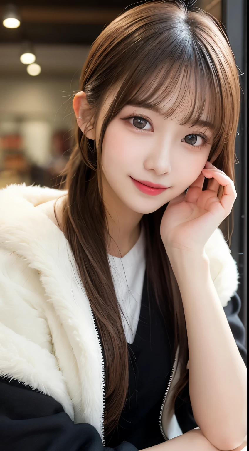 table top, highest quality, shape, Super detailed, finely, High resolution, 8k wallpaper, 完璧なダイナミックな構shape, beautiful and detailed eyes, tokyo trend冬ファッション,tokyo trend&Introducing cute hairstyles at random, small breasts, natural color lip, random sexy pose,cute smile、20 year old girl、beautiful and detailed face、perfect and beautiful face,Big eyes、Wear fluffy black outerwear with fur、beautiful detailed face、perfect and beautiful double eyelids、blur the background、perfect and beautiful face、bright look、twin ponytail hairstyle