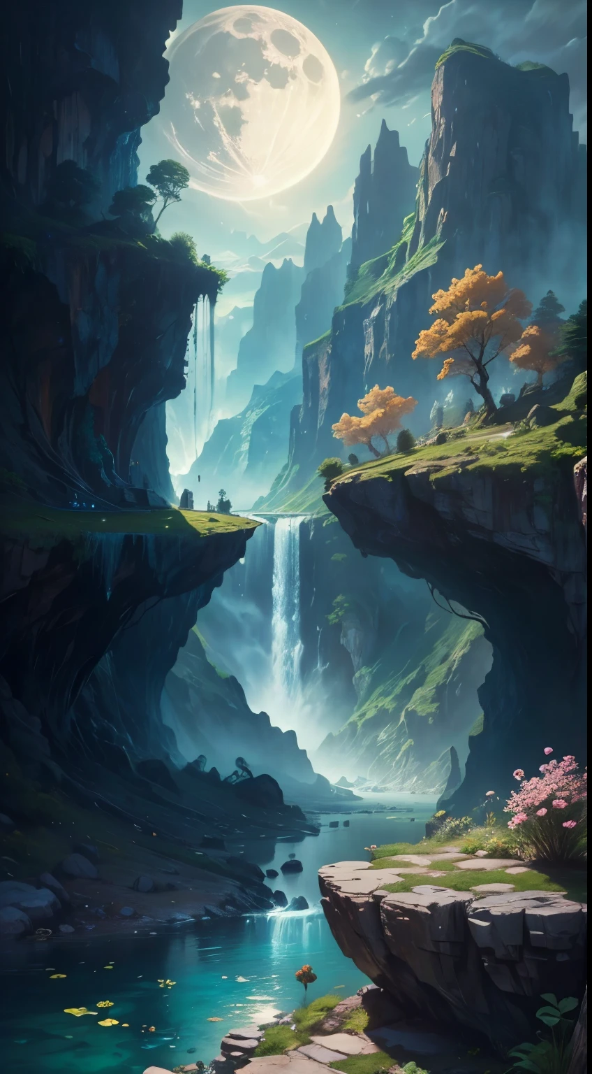 there is a large waterfall in the middle of a mountain, ancient city, epic matte painting of an island, the lost city of atlantis, an aztec city in a island lake, ancient city landscape, lost city of atlantis, marc simonetti. intricate, beautiful concept art, stunning concept art, highly realistic concept art, art style of marc simonetti, (((masterpiece))), best quality, high quality, extremely detailed CG unity 8k wallpaper, scenery, outdoors, sky, cloud, no people, mountain, landscape, water, tree, blue sky, waterfall, cliff, nature, lake, river, cloudy sky,award winning photography, Bokeh, Depth of Field, HDR, bloom, Chromatic Aberration ,Photorealistic,extremely detailed, trending on artstation, trending on CGsociety, Intricate, High Detail, dramatic, art by midjourney, tall waterfall, painting of a river with rocks and trees in the foreground, near a river, landscape, jungle, waterfall, crystal clear water, night light,((full moon)), colorful, river with rocks, rock bridge, epic, fantasy, ((roses and flowers on the banks of the pond)), ((oil painting)), moon landscape reflected in river, ((rock bridge))