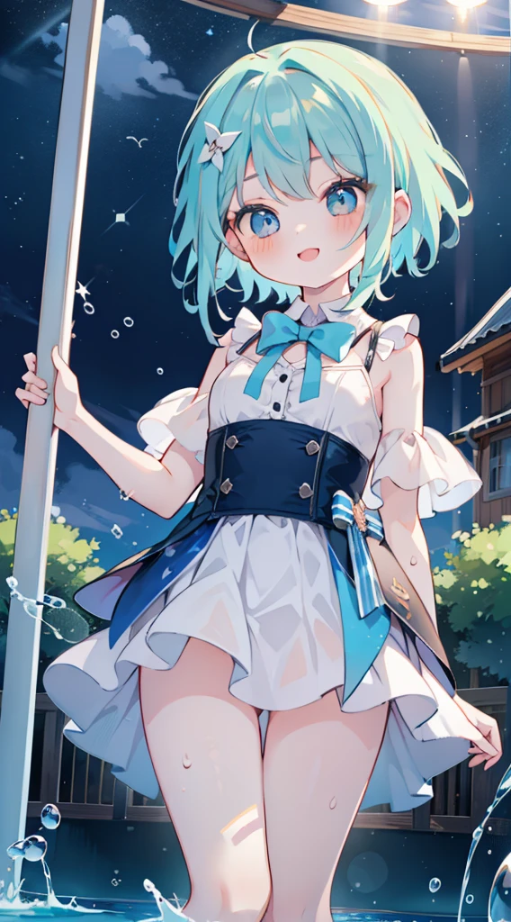 One girl、natta、swimming pools、Night Pool、summer  dress、skirt lift, upskirt, splash water、cute little、Blue-haired、light blue  eyes、​masterpiece、top-quality、Top image quality, smiling, exhibitionism, skirt held high, panties