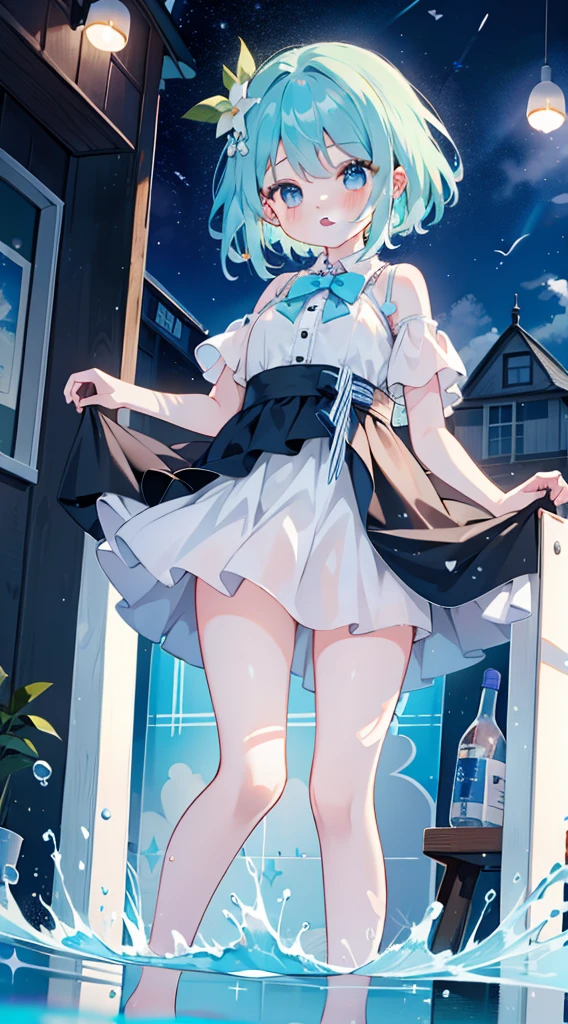 One girl、natta、swimming pools、Night Pool、summer  dress、skirt lift, upskirt, splash water、cute little、Blue-haired、light blue  eyes、​masterpiece、top-quality、Top image quality, smiling, exhibitionism, skirt held high