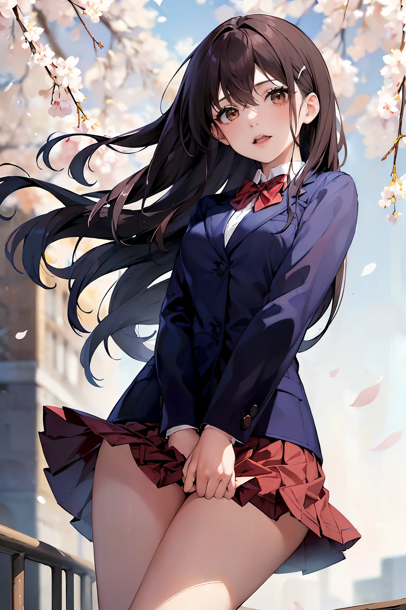 (masterpiece, highest quality, best image quality、High resolution:1.4),8K, anime style、Morning commute route、cherry blossom in full bloom、SakuraFubuki、draw the whole body、perspective from below、（pure white skin:1.4),(straight hair,medium long hair、 bangs, dark brown hair:1.2)、(curly hair:0.3), white hair clip,(brown eyes、the best round and big eyes:1.4）,droopy eyes、beautiful eyelashes, (smooth texture:1.2, Realistic texture:1.1, the wind is blowing), medium breasts,, (red bow tie, school uniform, navy blue jacket, open jacket, white shirt, red pleated skirt、white panties:1.3), smile, open your mouth、teeth、Skirt flips in the wind、