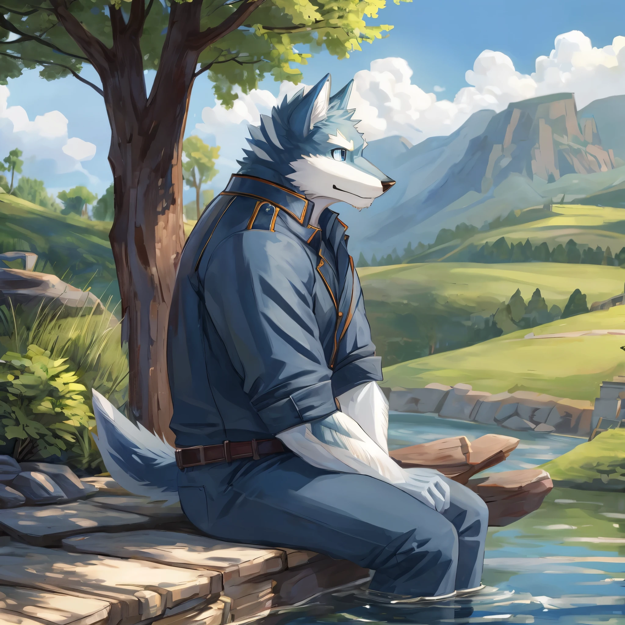 a scene in,depth of field, motion blur, ridiculous, (best quality), (masterpiece), (Super detailed), sharp focus, blue eyes, hairy, alone, light white fur, blue fur,close face, Profile picture, Humanity (Wolf), male, (Wolf), sitting,under the tree,riverside,fishing,best shadow,alone,Tall and skinny,one person,Leather clothing,Brown hat,looking into the river,fishing的整个场景,elongated perspective