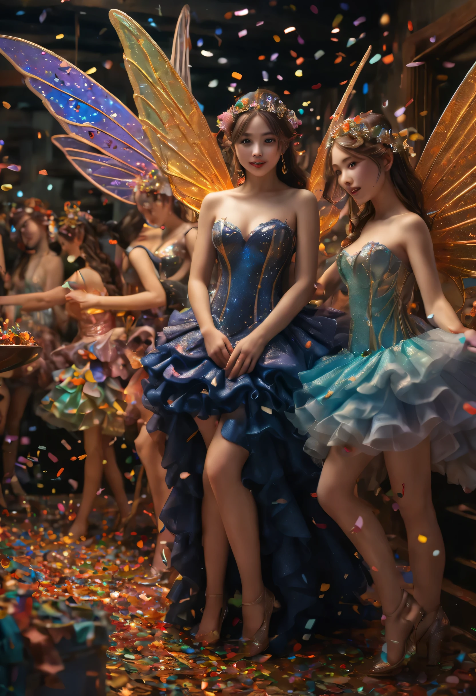 “(best quality,4k,8k,highres,masterpiece:1.2),ultra-detailed,(realistic,photorealistic,photo-realistic:1.37),HDR,UHD,studio lighting,ultra-fine painting,sharp focus,physically-based rendering,extreme detail description,professional,vivid colors,bokeh,portraits,horror,anime”
A group of sexy voluptuous fairies, with their mesmerizing wings glistening in the light, have run amok in a party supply store. They are having a wild party, filled with laughter and mischief, as they twirl and dance in the air, tossing around colorful confetti. The fairies' hourglass figures are accentuated by their alluring outfits, which shimmer with every movement. Their mischievous eyes sparkle with delight as they spread their wings and take flight, creating a mesmerizing spectacle. The store is filled with the vibrant hues of their confetti, creating a dreamlike atmosphere. The fairies' sheer exuberance and seductive charm radiate throughout the scene, captivating the viewer with their enchanting presence. The combination of realistic details, vivid colors, and the perfect balance of light and shadows creates a truly magical ambiance.
