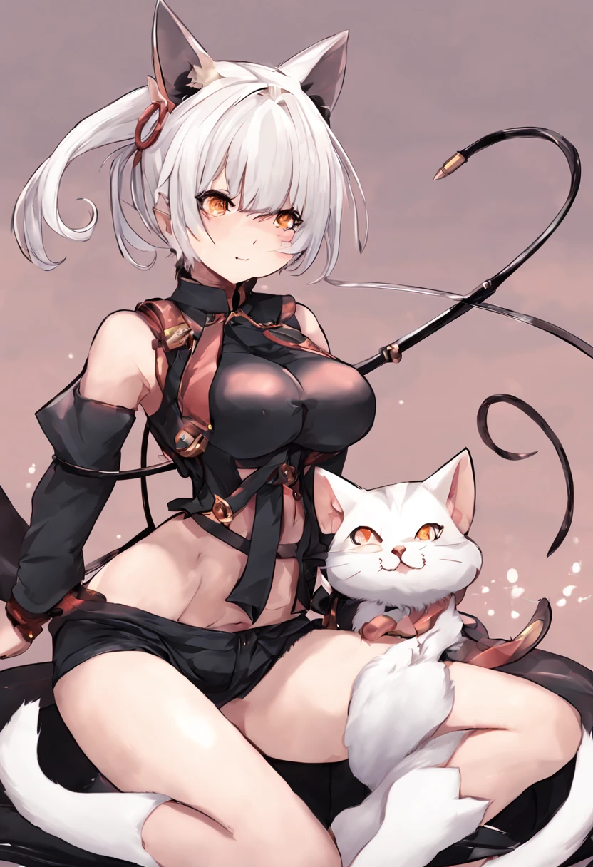 1 girl, alone, white hair, double ponytail, cat ears, blush, open mouth, navel, nipple, Update, (kneeling: 1.3), , (chaili), boundary, (Hand: 1.4), rope, Bind weapons,masterpiece