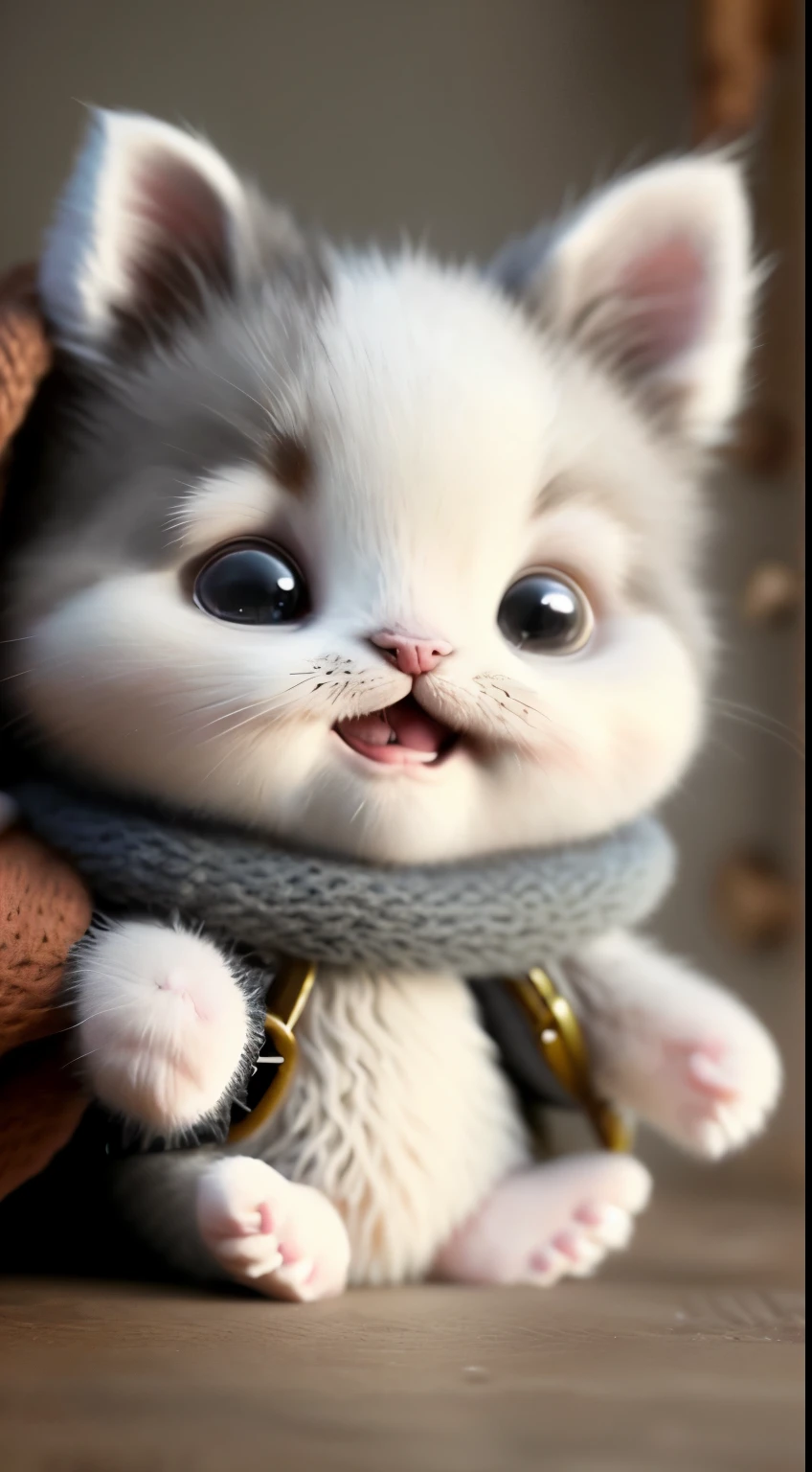 kitten in clothes, miniature kitten, Animal focus, bearded, realistic, POV Hand, ambiguous background,smile,interesting、