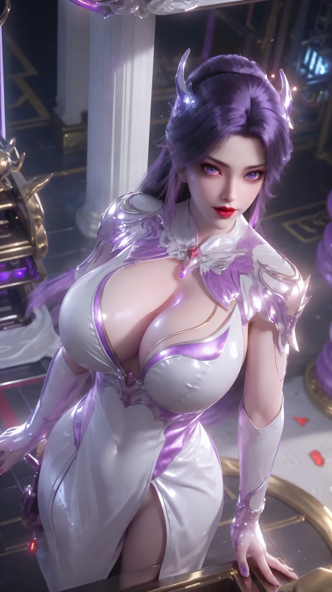 BUSTY MILF,UPPER BODY,SOLO),(BEAUTY PURPLE HAIR, GOLD DRAGON HORN), (MASSIVE FAKE BOOBIES,CLEAVAGE TOP,MUSCLE ABS:1.5), (((LED PURPLE, WHITE, RED LINE:0,7) SHINY MECHANICAL REVEALING BRA:1.5)),(CURVY PERFECT BODY:1.4), (SWEATY GLOSSY BODYSKIN:1.5), (LOOKING AT VIEWER:1.5),(BACKGROUND FUTURISTIC SPACE STATION:1), (PHOTOREALSITIC:1.4), (ULTRA-DETAILLIERT), (TOP-QUALITY), (BEST SHADOWS), BRIGHT LIGHT IN ROOM, HYPER TEXTURE, (4X MSAA), ((UNREAL ENGINE RENDER)), PHYSICALLY-BASED RENDERING, ULTRA HIGHT DEFINITION, 16K, 1080P.