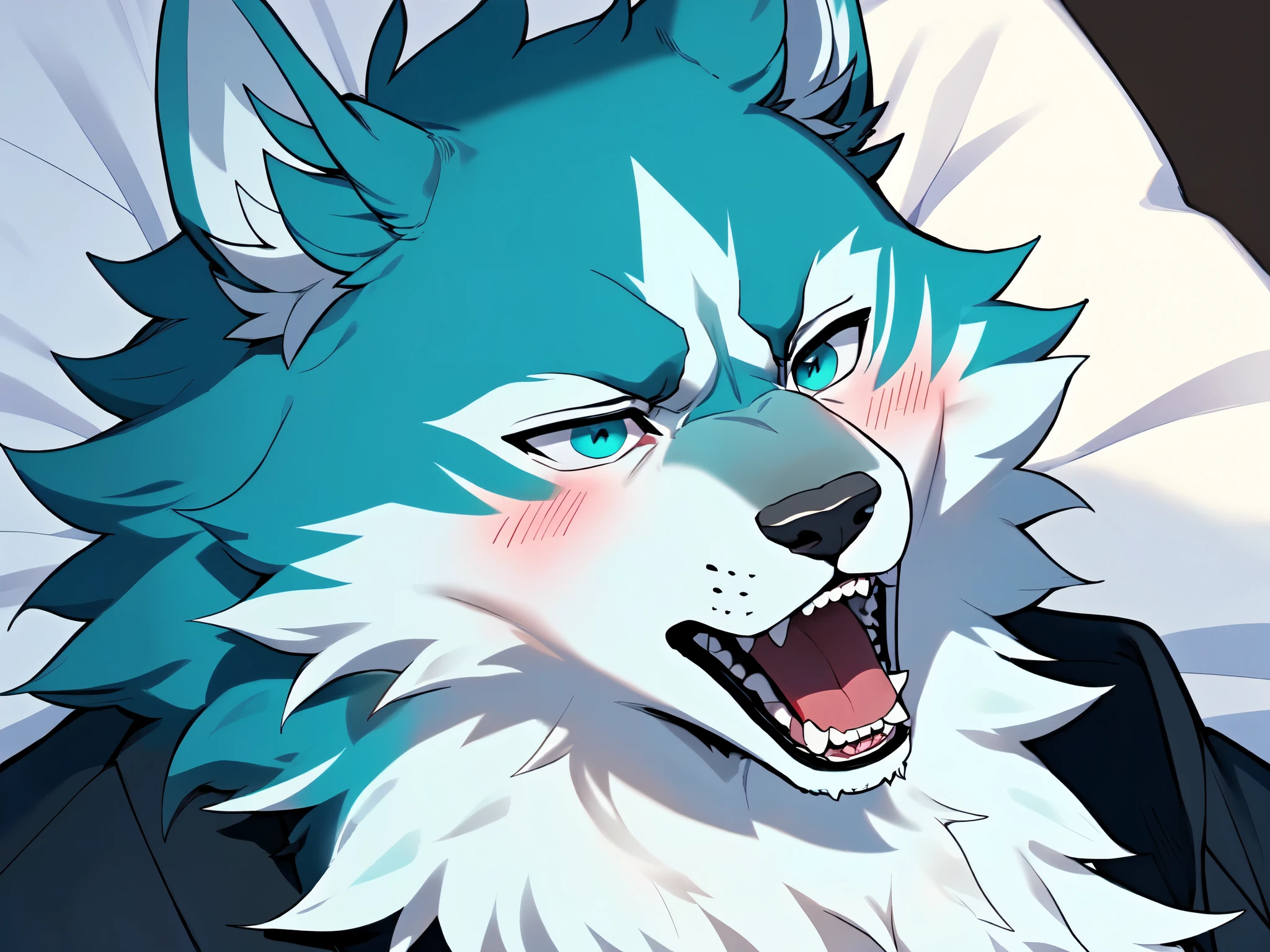 Shirou_ogami, furry wolf male, by gudlmok99, by fumiko, by hyattlen, teal eyes, close up, eyes half open, three quarters shot, portrait, panting, steam coming out of mouth, tired expression:1.4,, blushing, lying on a bed, on his back, chest fluff, mouth open