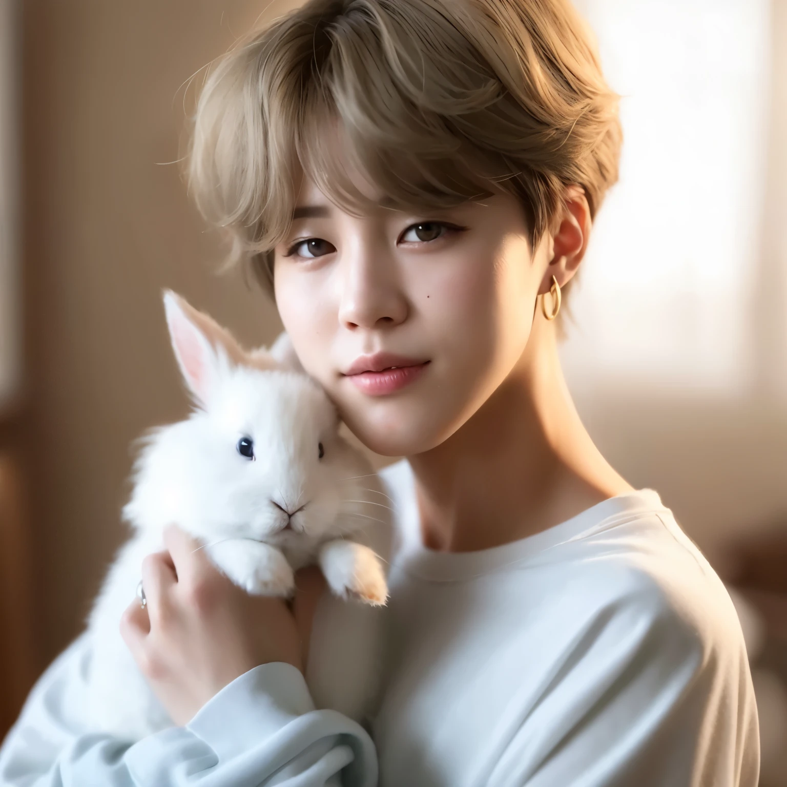 there is a woman holding a white rabbit in her arms, park Jimin, Jimin, Jimin\the full lips, Jimin\o nariz grego, accurate Jimin face, Jimin\the right eyelid is swollen, Retrato realista kawaii, kpop idol portrait, arte tradicional, taejune kim, obras de arte no estilo de guweiz, Jung Jaehyun, adorable digital painting, Jimin do BTS