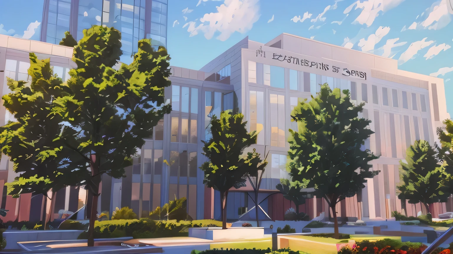 Trees in front of the building，There is a bench，Very detailed, office building, 2022 wide-angle exterior scene, Very detailed, location photography, editorial photo, extremely high quality, artstation hq, extreme quality masterpiece, Very detailed, Professional rendering, editorial image, High detail photos, research complex