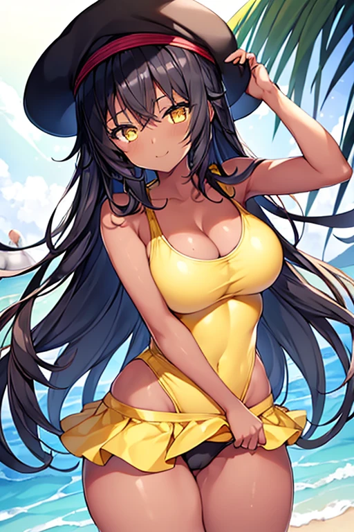 1girl, dark skin, dark-skinned female, black hair, long hair, yellow eyes, yellow beret, one-piece swimsuit, competition swimsuit, black swimsuit, black one-piece swimsuit, yellow trim, light smile, large breasts, thick thighs, beach