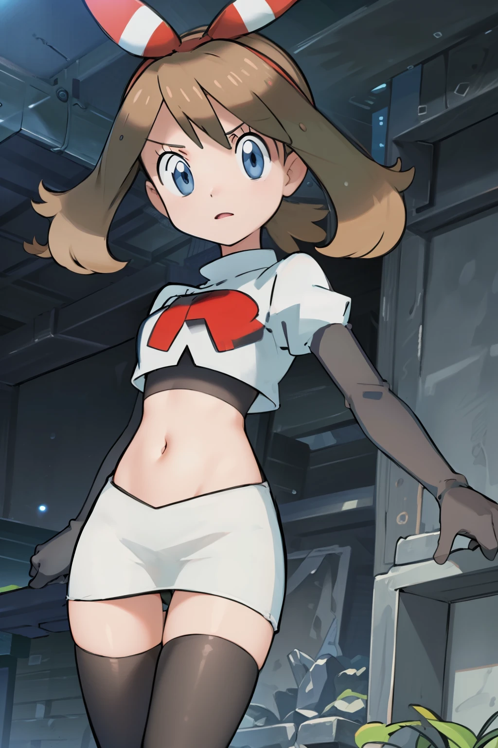 masterpiece, professional lighting, 1girl, adorable, expressive face,haruka_oras, solo, creative frame, creative shot, perfect lighting, best quality, masterpiece, light rays, (absurdres), perfect quality, hair bow, team rocket,team rocket uniform, red letter R, white skirt,white crop top,black thigh-highs,black elbow gloves