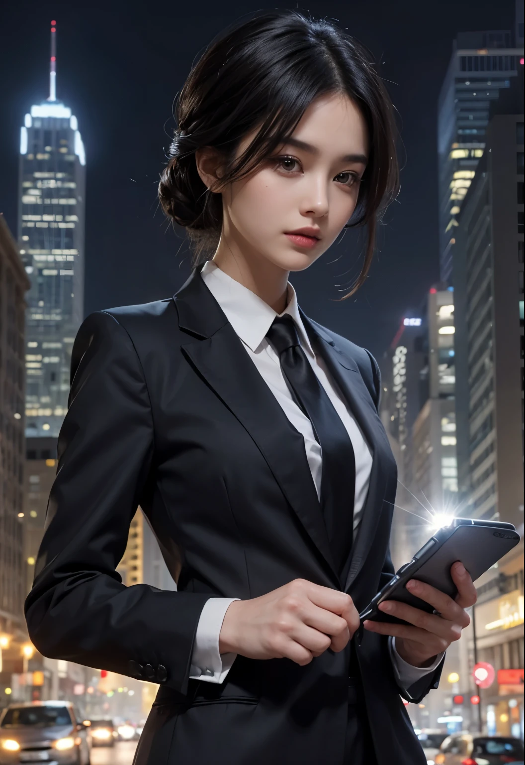 eautiful woman. Detailed drawing of the face. A masterpiece. Black hair. He is wearing a black business suit. In one hand, he holds a device that resembles a flashlight. She is standing in the middle of the city at night. An uninhabited city.