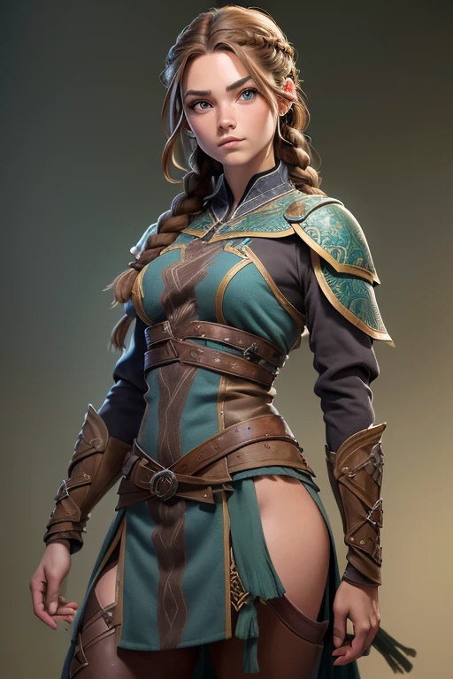 (Obra maestra, La mejor calidad) (young warrior woman of nordic descent), (ojos verdes), (Muscular), (falda de piel), (brown hair color),(loose hair with small braids on the scalp), (top con correa de cuero) plumas, capa sobre el hombro, bufas, (azul, gray and brown suit).