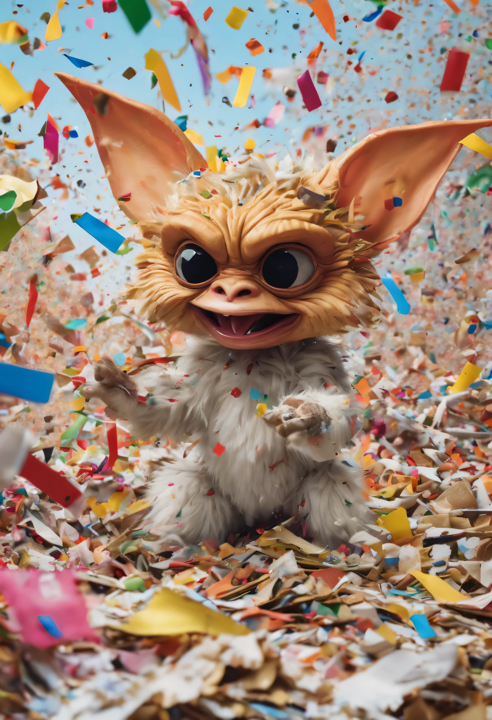 A batch of Gremlins are trashing a shopping mall and playing in a pile of colorful confetti
