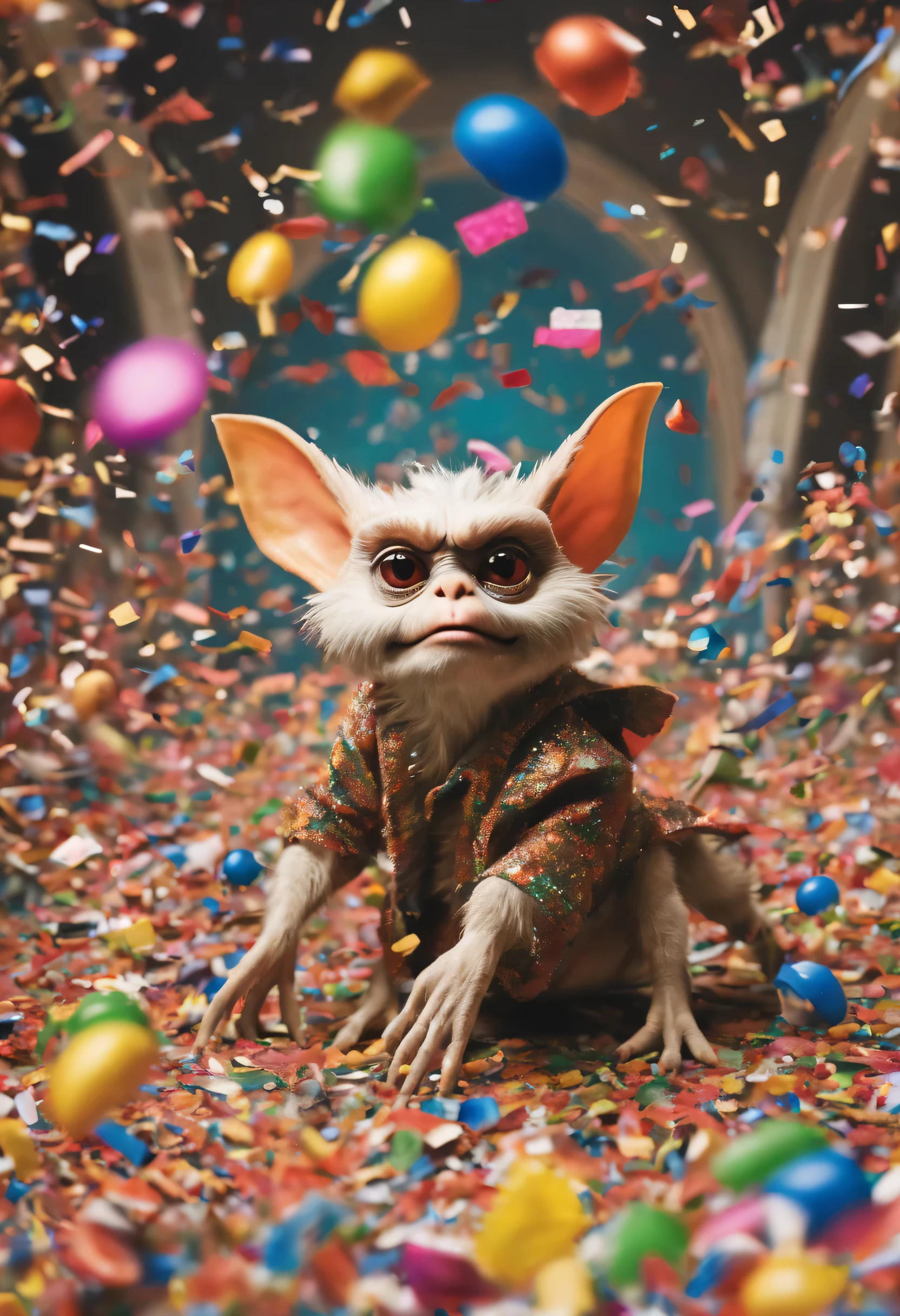 A batch of Gremlins are trashing a shopping mall and playing in a pile of colorful confetti