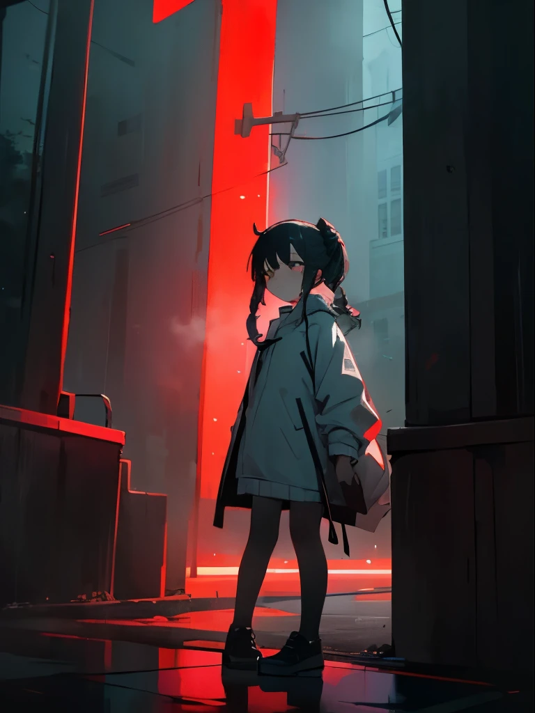 masterpiece,top-quality,empty road,raining, girl standing, hands at side,A dark-haired, messy hair, braided pigtails, Green eyes,Teary-eyed, blank expression, eye contact, (White shirt, grey open jacket, black skitt, black shoes, white socks) ,Buruma,Steaming,murky, dark, red light from building windows, horror ambience, night, pitch black sky, detailed face, high quality, dark sky