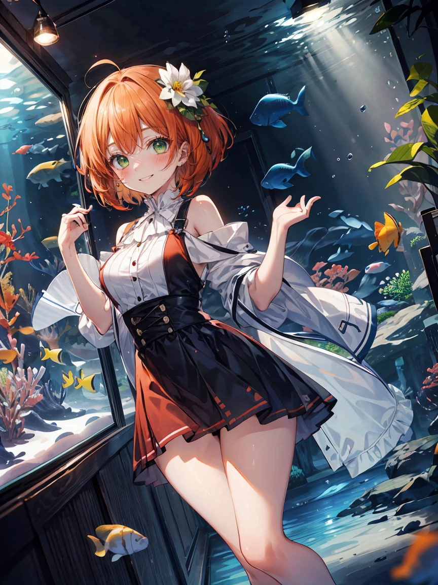 ((8K masterpiece,highest quality)), ultra high resolution, hyper detail, (1 girl), beautiful face, beautiful and delicate eyes, Big eyes,shining eyes of light,Thin and long eyelashes,((orange hair)),((green eyes)),(bob cut),Ahoge,big breasts,thin waist,(light blue one piece),(very large thighs),red hair band,white bag,White pumps,(grinning face),small blush,(big smile),greeting,((aquarium)), particles of light,motion blur,Depth of bounds written,spectacular panoramic view,Angle from the side