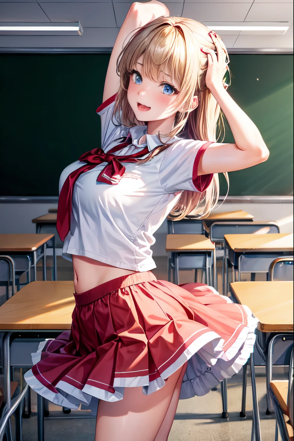 A TikTok screenshot-style image of a high school girl dancing in a classroom, filled with an emotional atmosphere, a shy expression, and cute effects.