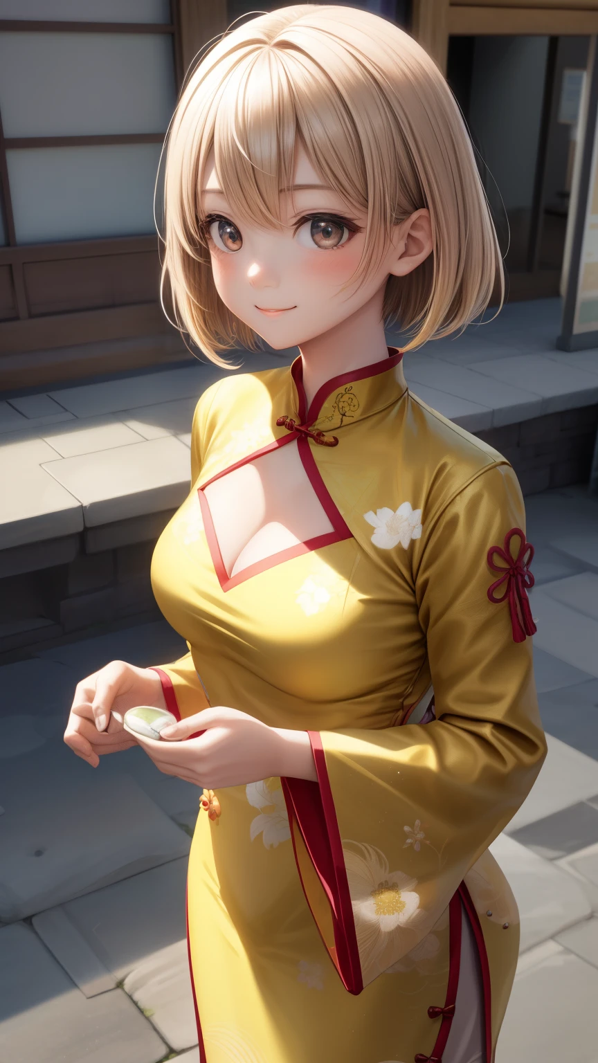 1girl in、Best Quality、、Very cute、A smile、Japanese、、Very cute、glad looking face、short-hair、Golden head hair、beautiful eyes、cleavage、胸の谷間、3D rendering、自撮り、cheongsam、qipao、beautiful embroidery、中華街、