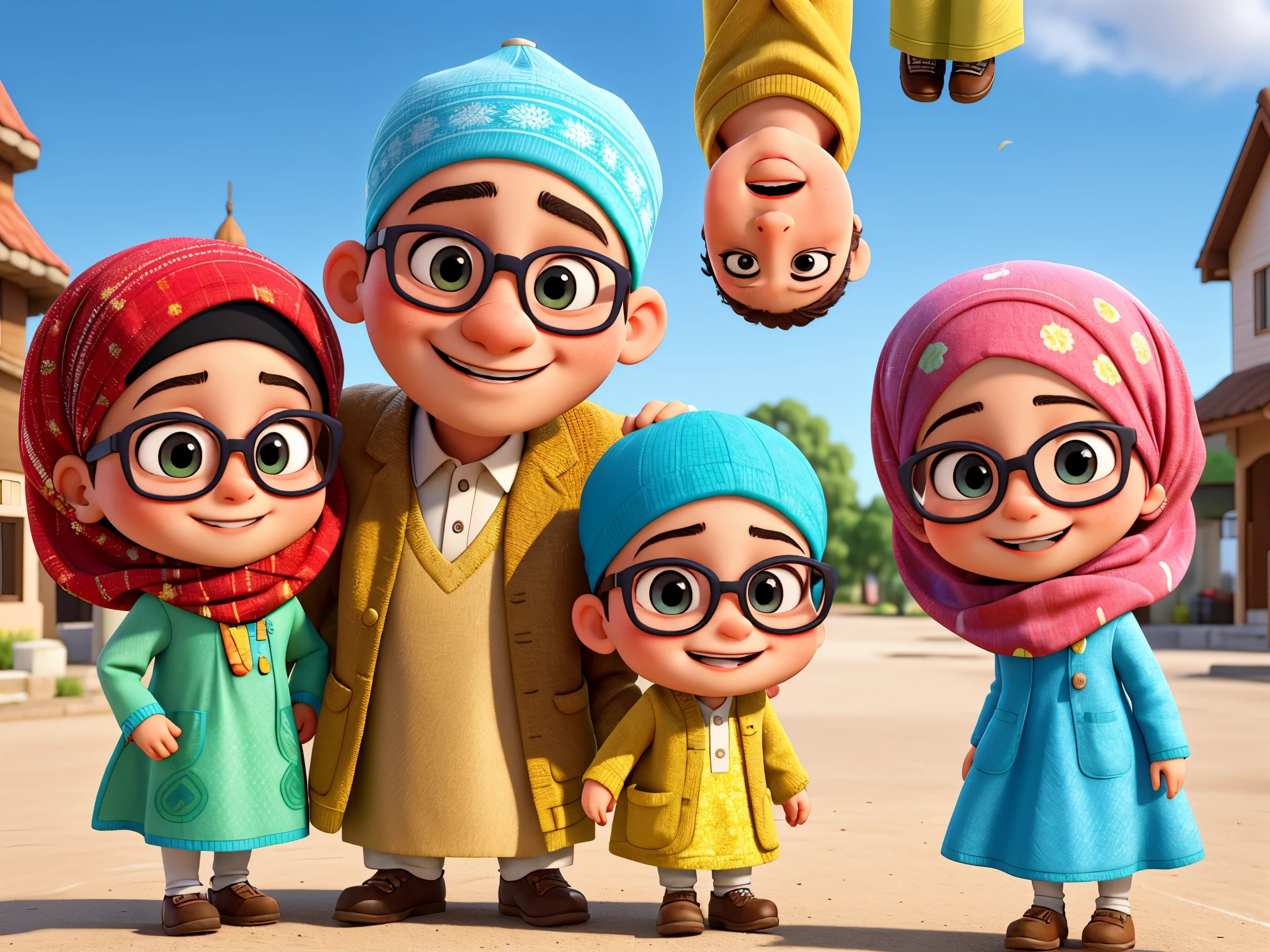 (ultra-detailed,highres,realistic:1.2),portrait,adorable chibi muslim family,happy faces,lovely expressions,beautiful detailed eyes,beautiful detailed lips,dad, mom, brother, sister,minimal background,celebrating eid mubarak with joy,happy atmosphere,colorful clothes,islamic patterns and motifs,special occasion,hijab for women,flowing dresses for women,glasses for dad and brother,bright colors,celebratory mood,spreading happiness,smiling warmly,modest clothing,excitement,happy memories,making dua together,feeling blessed,endearing scene,close-knit family,loving bond,Wishing everyone peace and happiness