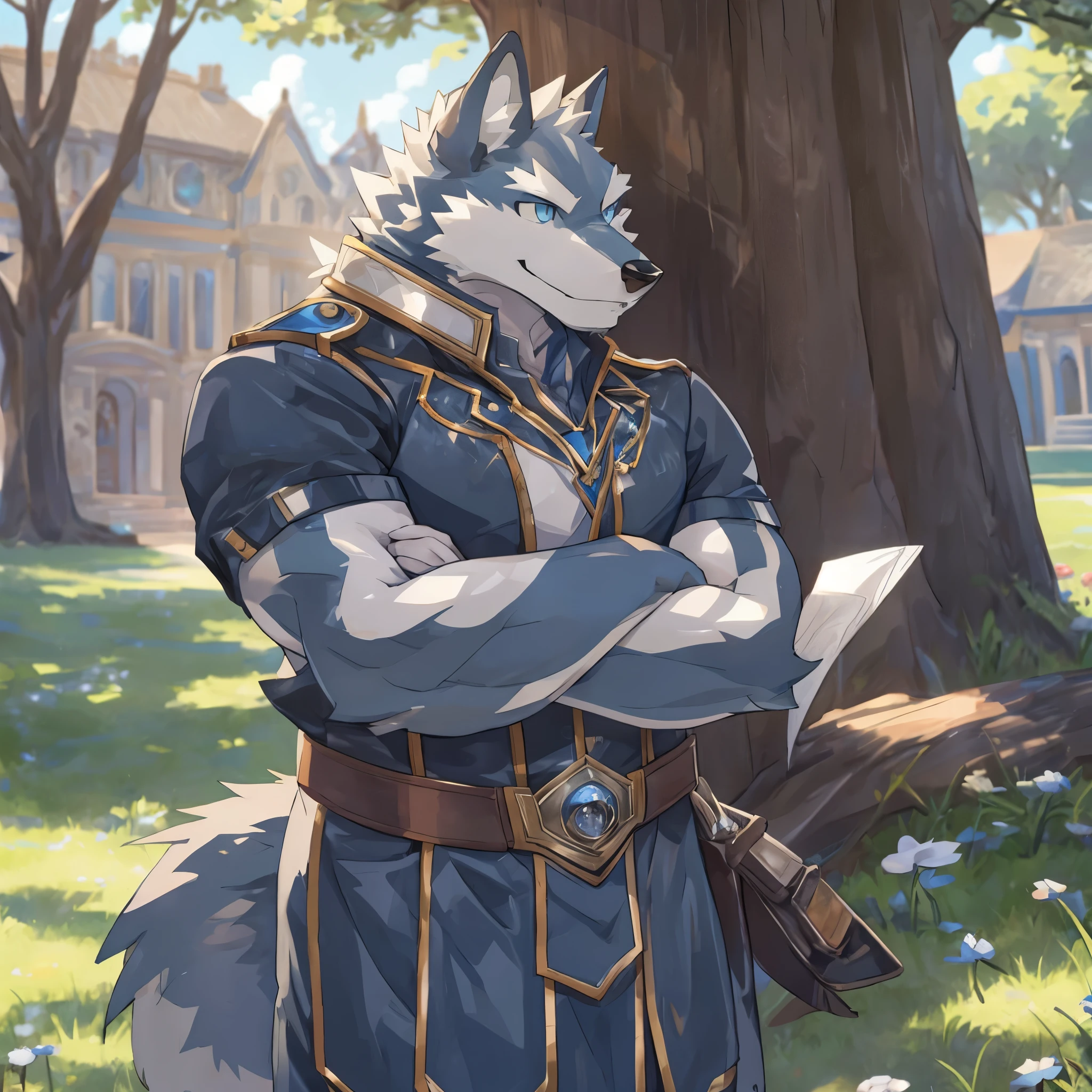 a scene in, depth of field, motion blur, ridiculous, looking at the audience, (best quality), (masterpiece), (Super detailed), sharp focus, eyes, blue eyes, hairy, alone, light white fur, blue fur,close face, Profile picture, arms crossed, blink, Smile, Humanity (Wolf), male, (Wolf), knight clothing, Super detailed face,under the tree