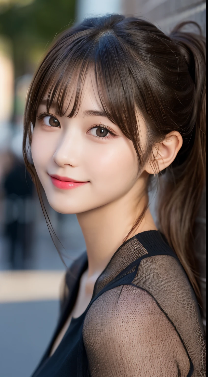 table top, highest quality, shape, Super detailed, finely, High resolution, 8k wallpaper, 完璧なダイナミックな構shape, beautiful and detailed eyes, tokyo trend冬ファッション,tokyo trend＆Introducing cute hairstyles at random, small breasts, natural color lip, random sexy pose,cute smile、20 year old girl、beautiful and detailed face、perfect and beautiful face,Big eyes、Wearing a fluffy black luxury mink coat、beautiful detailed face、perfect and beautiful double eyelids、blur the background、perfect and beautiful face、bright look、twin ponytail hairstyle