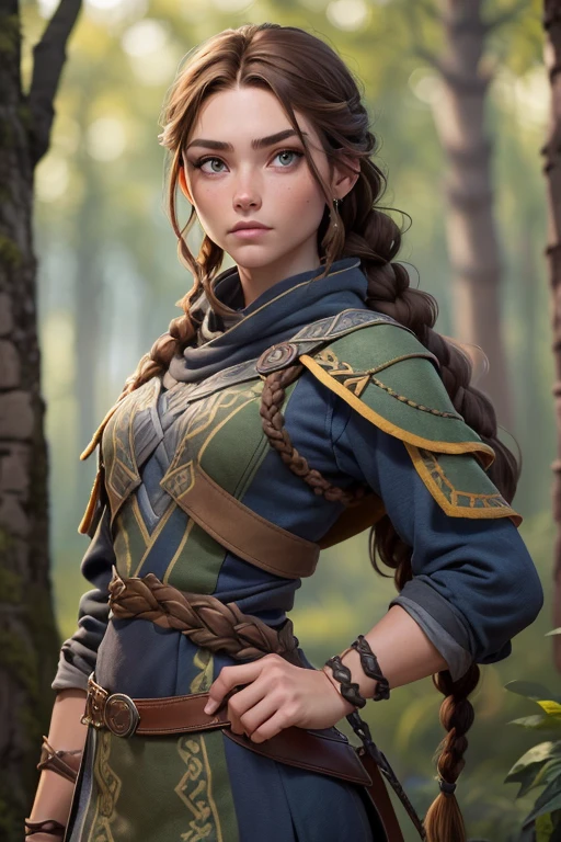(Obra maestra, La mejor calidad) (young warrior woman of nordic descent), (ojos verdes), (Muscular), (falda de piel), (brown hair color),(loose hair with small braids on the scalp), (top con correa de cuero) plumas, capa sobre el hombro, bufas, (azul, gray and brown suit).