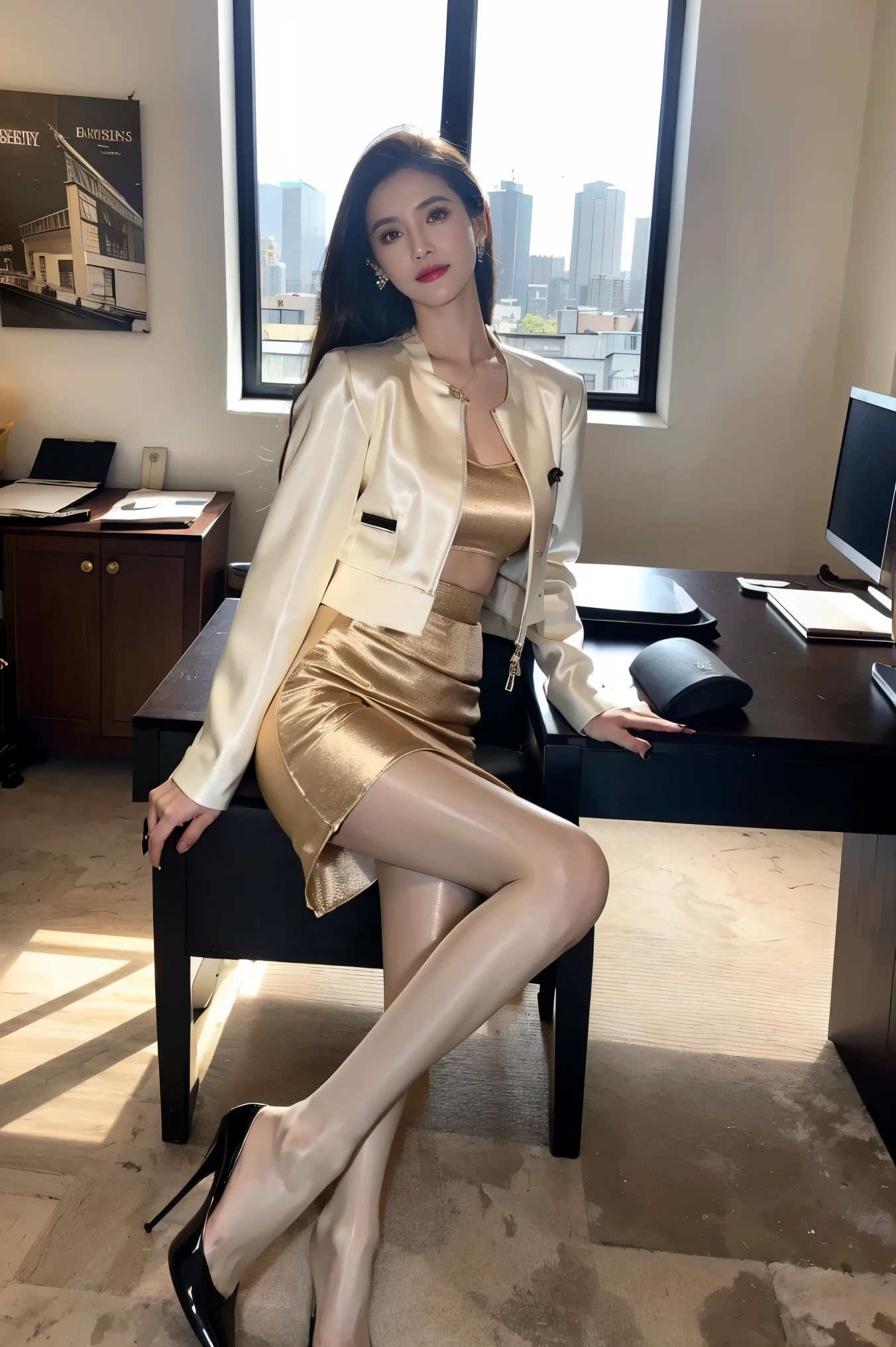 1 girl,(European model:1.3),31 years old,exquisite,Business womenswear,(jacket:1.1),(shirt:1.1),(Wrap skirt:1.1),Accessories,jewelry,briefcase,knitwear,,black stockings，goosebumps,goose-flesh，（fidelity：1.3），filigree，quality，（masterpiece：1.2），（fidelity：1.2），（best quality），（Skin details：1.3），（intricate details），drama，Ray tracing，photo，bathed in light and shadow，visual novel，The boss's office for a skyscraper，Window with city view，film grain，Depth of field 100mm，Flick，full-body shot，skin tone，High heel，