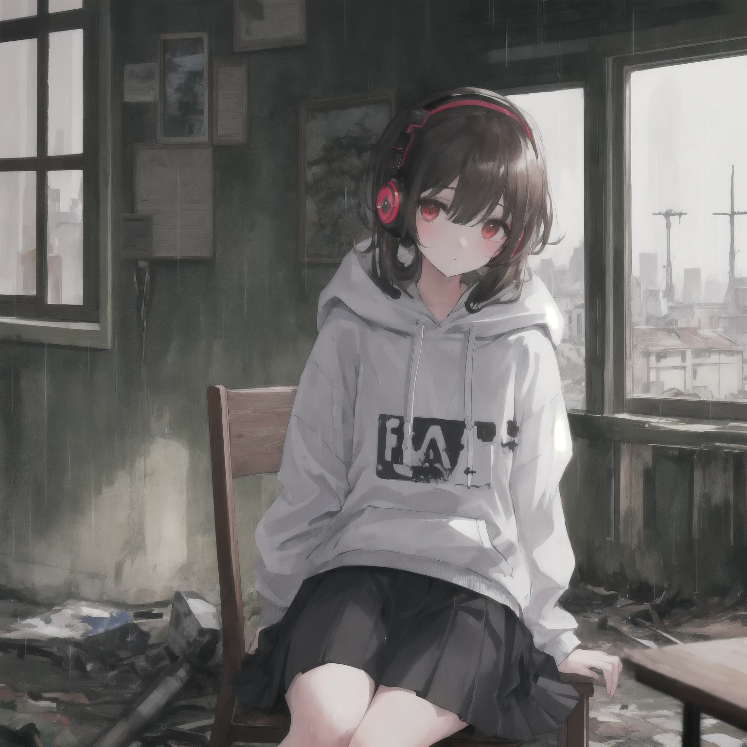 masterpiece, one girl, alone, incredibly absurd, hoodie, headphones, rain, neon,Future Soul Arts, Dirty woman sitting on chair in dilapidated house, wet and messy hair above the eyes,pleated skirt. vixip, Close-up scenery, hurt. hand drawn, cinematic lighting, very detailed. white, Brown, red. perfect composition, masterpiece, highest quality, 4K, sharp focus. perfect anatomy.