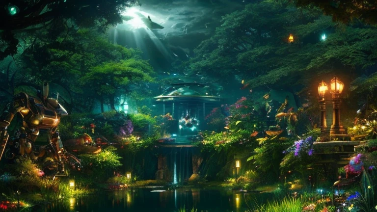 Pond surrounded by nature,robot animals,Cloudy sky,Harmony between machine and nature,dark atmosphere,Decadent atmosphere,A ray of sacred light