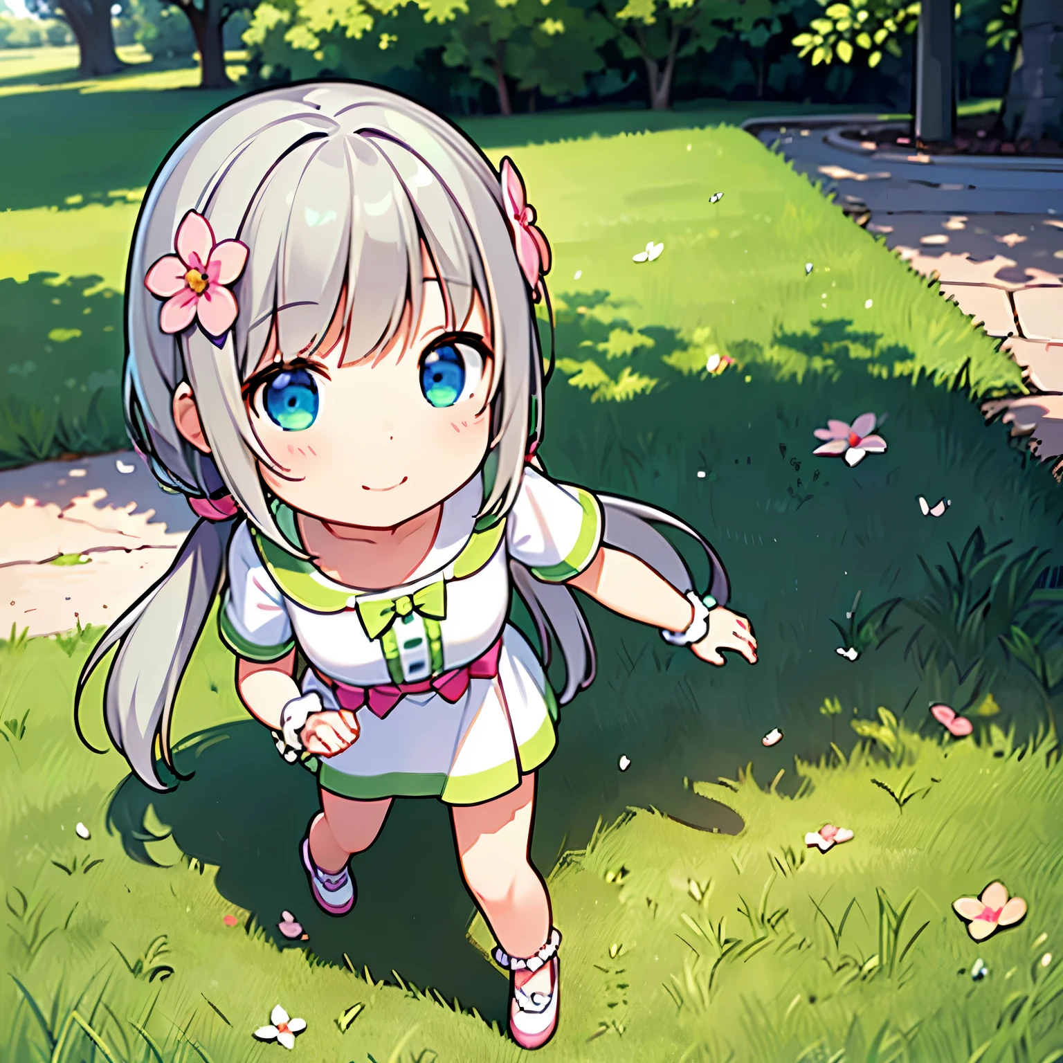 (photorealistic:1.37)、octane rendering、Morning park、Walk with a rabbit doll、Girl has twin tail hairstyle and smiles、Bright colors、soft sunlight、beautiful flower、green grass、playful atmosphere、peaceful environment、detailed texture、Bright colors、cute shoes with accessories、He looks happy