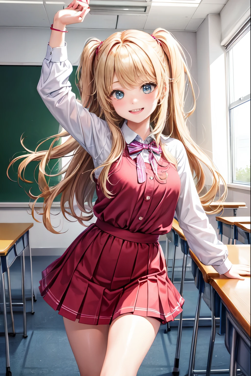 An image mimicking a TikTok screenshot, featuring a high school girl doing a cute dance in a classroom, exuding an emotional vibe, a shy smile, and cute effects.