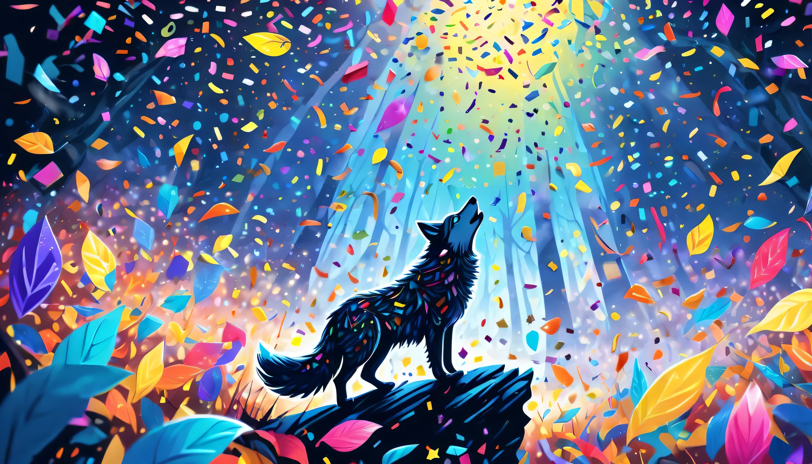 Bright confetti rains down, Stunning illustration featuring a kaleidoscope of colorful confetti, Dark fantasy world, enchanted by dark and fantastical world, Confetti streamers dance in the air, Dark fantasy worldを背景に, intricate details and meticulous brushstrokes bring dark fantasy world, every stunning detail of this wonderland, seductive sight, From elaborate costumes to detailed backgrounds, mesmerizing effect drawing the into wondrous land, Beautifully detailed illustrations, stunning visuals, light and shadow, high quality, High resolution, tonal contrast, and, From above, amidst swirling mist and vibrant confetti, e young wolf cub sits staring into the moonlight barrier。, curious and innocent nature, Delicate fur glistening under the glow of surrounding neon colors, Amazing dark beauty illustration, high quality photograph like, all the intricate details, fog of madness, and the confetti pops, crispness and clarity confetti, composition and richness of colors make beautiful, It truly evokes the charm of a sense of wonder., Collaboration of two layers of illustrations,