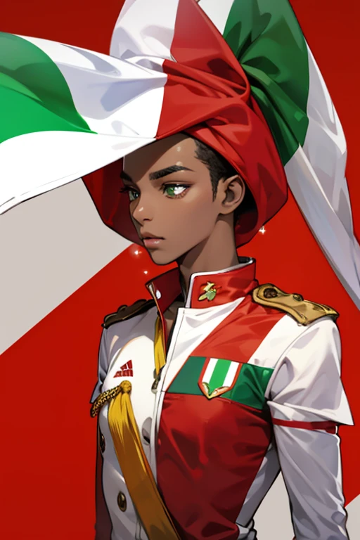Italian Woman italian superhero italian clothing red white and green clothes Flag of italy wavy long black hair tanned skin