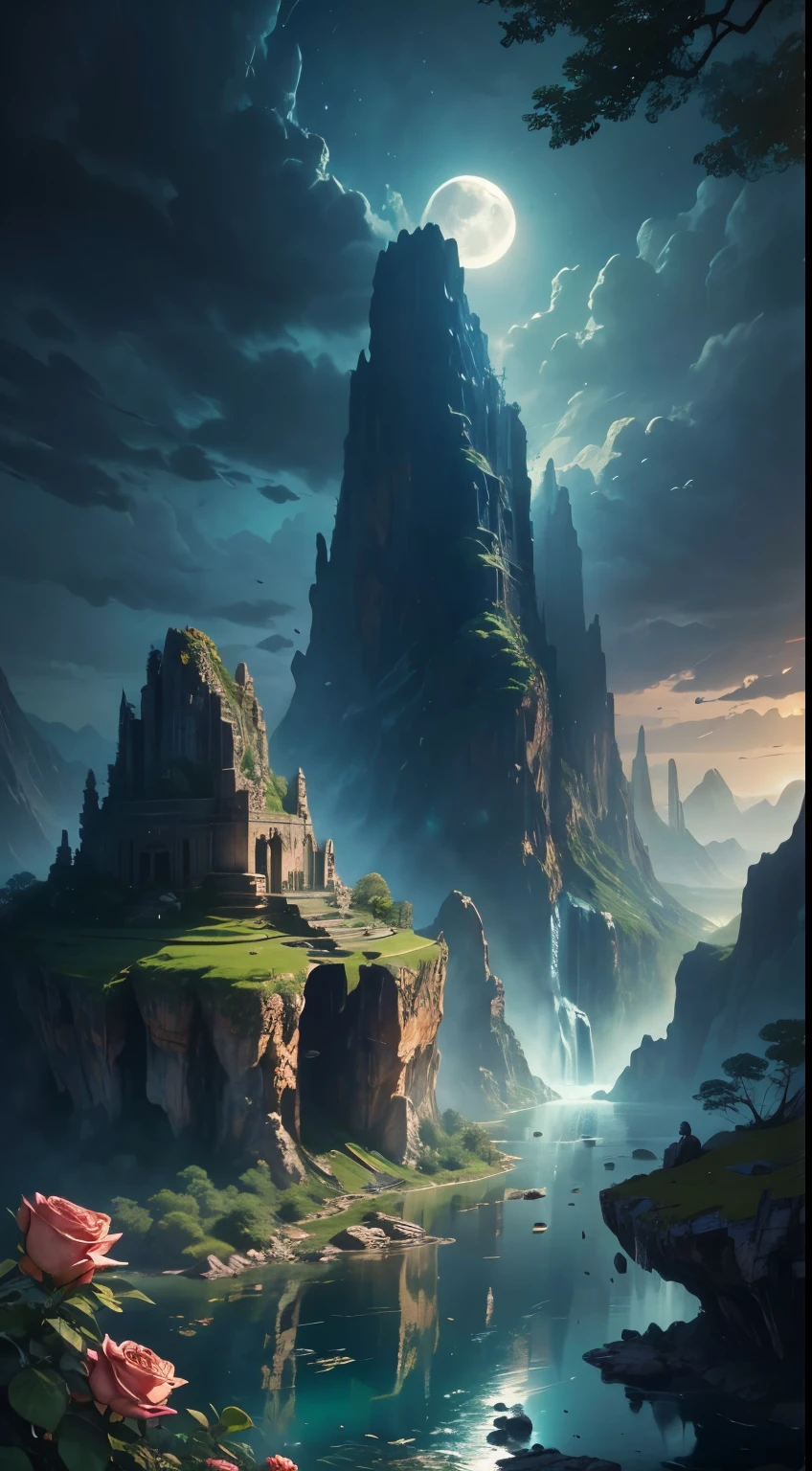 there is a large waterfall in the middle of a mountain, ancient city, epic matte painting of an island, the lost city of atlantis, an aztec city in a island lake, ancient city landscape, lost city of atlantis, marc simonetti. intricate, beautiful concept art, stunning concept art, highly realistic concept art, art style of marc simonetti, (((masterpiece))), best quality, high quality, extremely detailed CG unity 8k wallpaper, scenery, outdoors, sky, cloud, no people, mountain, landscape, water, tree, blue sky, waterfall, cliff, nature, lake, river, cloudy sky,award winning photography, Bokeh, Depth of Field, HDR, bloom, Chromatic Aberration ,Photorealistic,extremely detailed, trending on artstation, trending on CGsociety, Intricate, High Detail, dramatic, art by midjourney, tall waterfall, painting of a river with rocks and trees in the foreground, near a river, landscape, jungle, waterfall, crystal clear water, night light,((full moon)), colorful, river with rocks, rock bridge, epic, fantasy, ((roses and flowers on the banks of the pond)), ((oil painting)), moon landscape reflected in river, ((rock bridge))